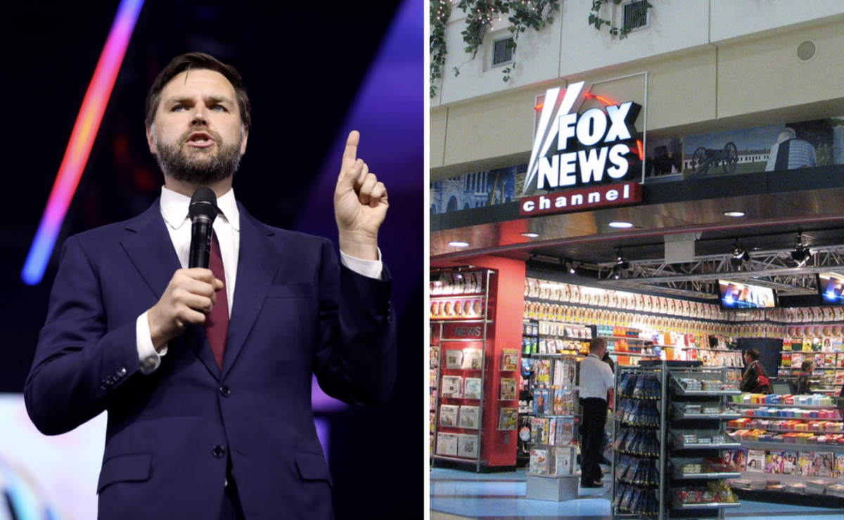 JD Vance speaks in Michigan in June 2024 (left) and a Fox News store at the Minneapolis airport (right). Photos taken by Gage Skidmore in 2024 and sarae in 2006, respectively, and licensed under Creative Commons.